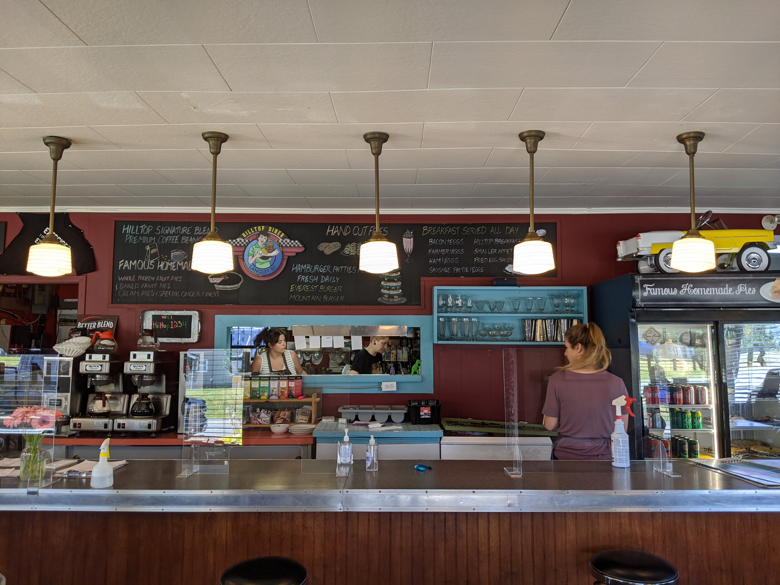 Diner style food and atmosphere. The soda counter and bar stools add to that nostalgic feel.